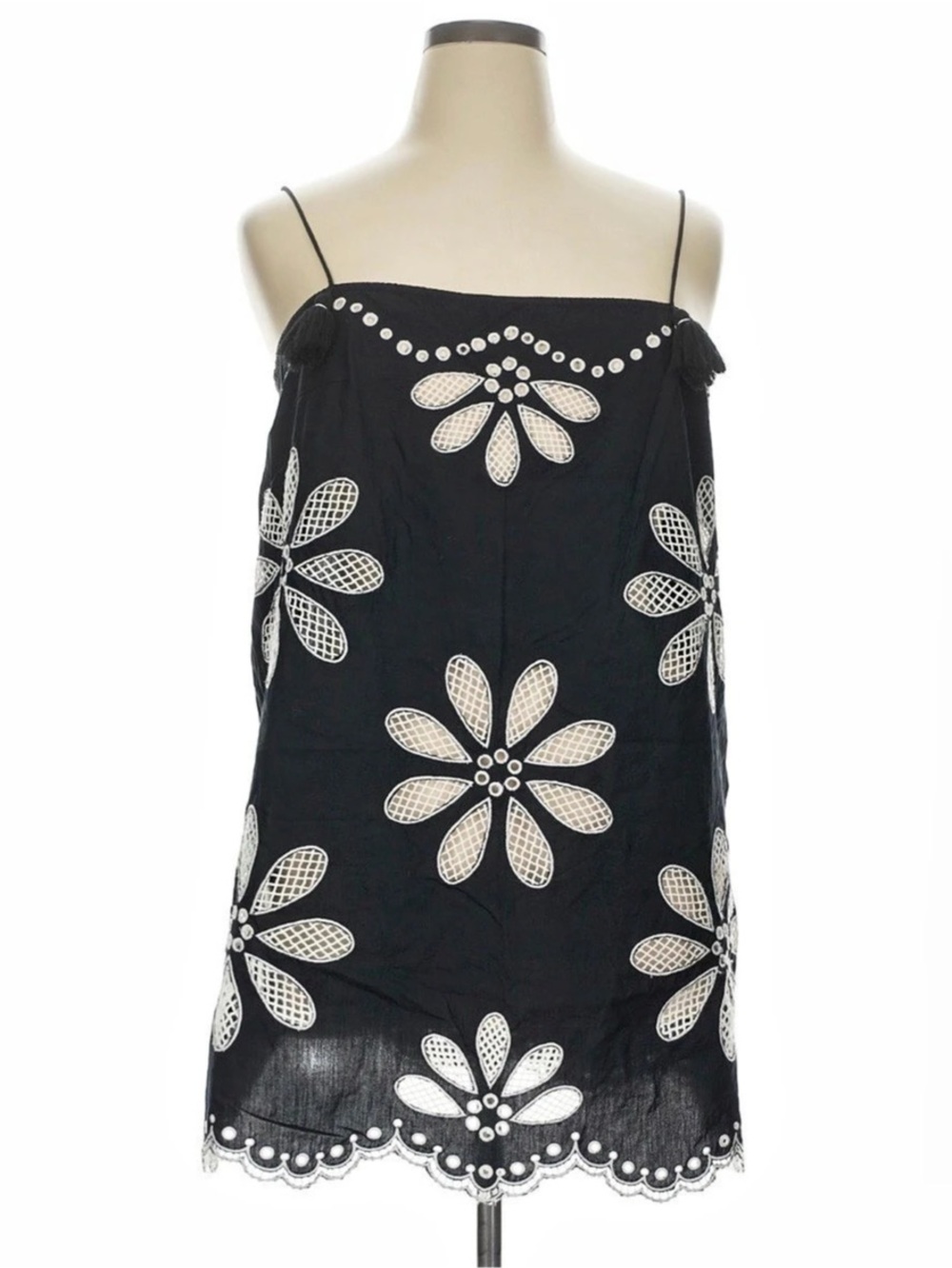 Anthropologie Black Eyelet Floral Scalloped Hem Cami Slip Mini Dress XL